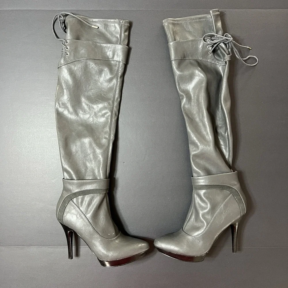 Nine West Knee High Boots Stiletto Womens 7.5 Gray Tie Accents Boho Going Out